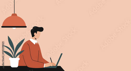 Man working diligently on a laptop in a modern home office or workspace, surrounded by a plant and lamp. Perfect for business, education, or remote work concepts.
