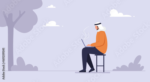 An Arab man in traditional attire works diligently on his laptop outdoors, symbolizing remote productivity, global connectivity, and modern lifestyle.