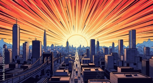 City skyline at sunrise, depicted in a comic book style, with radiating light effects.