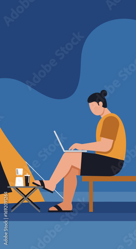 A person works remotely on a laptop while glamping or camping outdoors, symbolizing modern work-life balance, digital nomad lifestyle, and freedom.