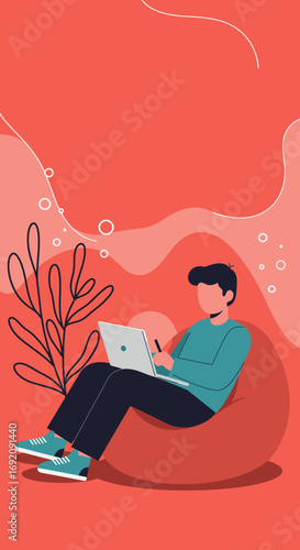 A person comfortably works on a laptop with a stylus while sitting on a bean bag chair. Ideal for remote work, digital art, freelance, and modern lifestyle concepts.