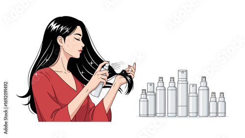 Young woman with long dark hair applying hair spray or styling product while several bottles of beauty products are lined up on the right side