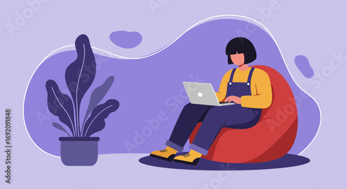Person comfortably working remotely on a laptop from a cozy beanbag chair at home, representing flexible work, online learning, or digital lifestyle.