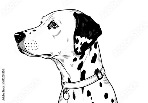 Profile view of a Dalmatian dog with distinctive spots and collar
