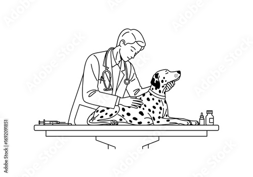 Veterinarian examining a Dalmatian dog in a clinic setting