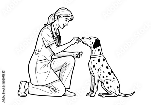Veterinary technician giving a treat to a Dalmatian dog in a clinical setting illustrated in line art