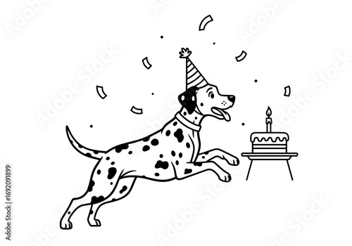 Dalmatian dog jumping with joy at a birthday party with a cake and party hat illustrated in line art