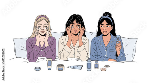 Three diverse young women in pajamas applying skincare products to their faces during a relaxing nighttime beauty routine at home