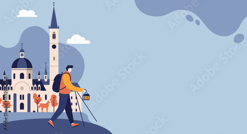 A lone traveler explores a historic European town, walking with a backpack and lantern past ancient churches and scenic landscapes. Ideal for travel, adventure, and cultural discovery themes.