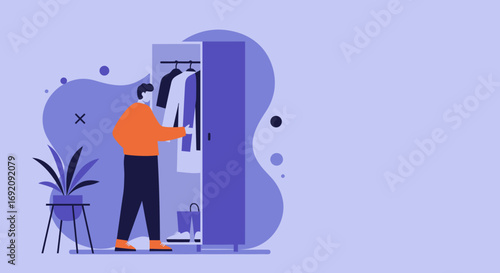 Man choosing clothes from an open wardrobe in a modern, minimalist room. Represents daily routine, personal style, and home organization.