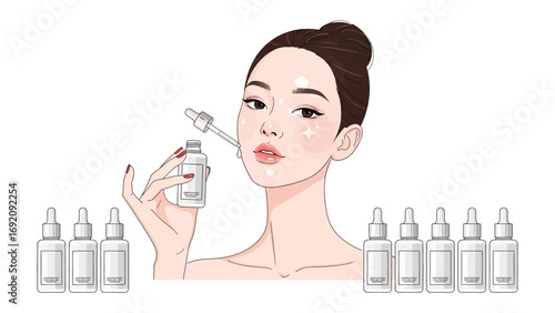 Beautiful asian woman applying serum from dropper bottle surrounded by multiple skincare product bottles on white background