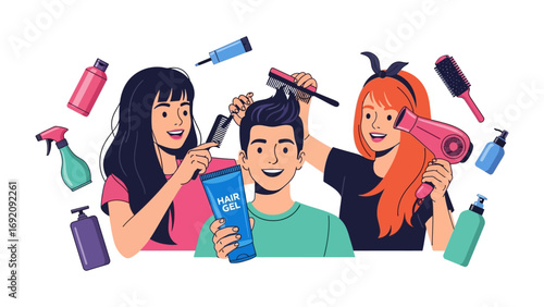 Two happy women styling a smiling man s hair with combs brushes hairspray and a hairdryer in a vibrant salon setting