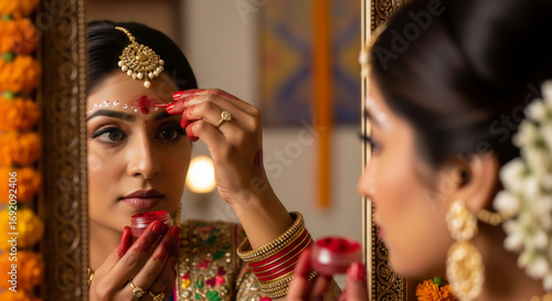 Beautiful woman in traditional bridal attire applying sindoor on forehead while looking into mirror.