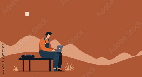 Person working on a laptop outdoors in a minimalist landscape. Represents remote work, freedom, and a flexible lifestyle. Ideal for business and technology themes.