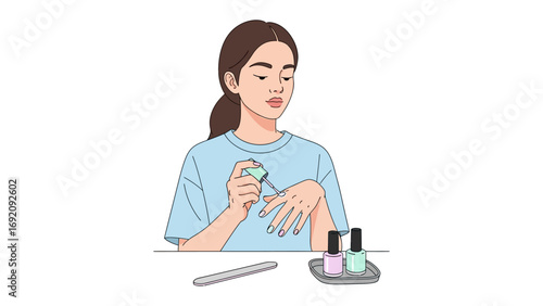 Young woman with long brown hair applying nail polish to her fingernails with a focused expression and bottles of polish nearby