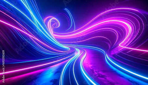 Fototapeta Naklejka Na Ścianę i Meble -  Neon glowing lines swirl in a tunnel