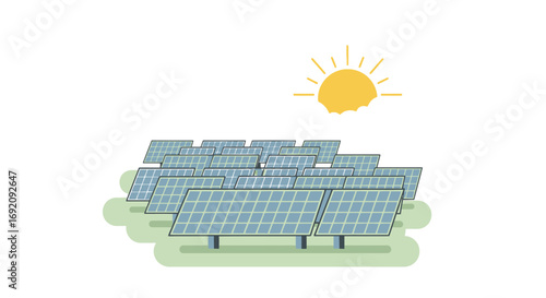Solar Panel Array with Yellow Sun Illustration on Green Field.