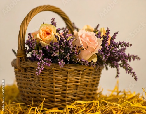 Basket of pastel roses and lavender
