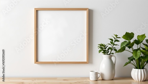 A minimalist interior setting with a wooden bench as the central focus. A framed poster is placed atop the bench, and to its side on the floor sits a small white vase filled with greenery