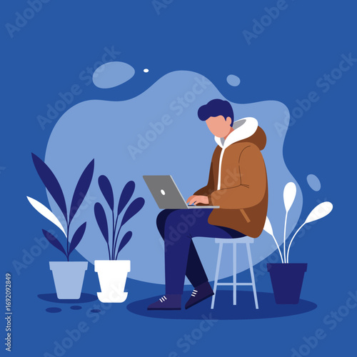 Young man focused on his laptop, working remotely or studying in a comfortable, modern environment with plants. Ideal for themes of productivity, online education, or digital lifestyle.