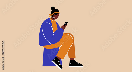 Modern woman sits casually, engrossed in her smartphone. Depicts digital communication, social media, and technology use in daily lifestyle.
