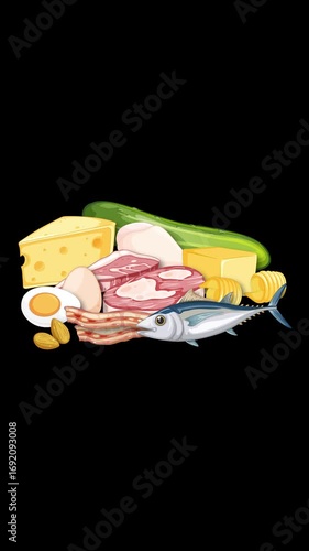 Assorted Protein-Rich Foods Arranged on Black Background Animation
