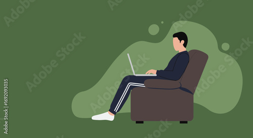 Man comfortably working on a laptop in a recliner at home, illustrating remote work, online education, or leisure with technology. Ideal for lifestyle and business concepts.