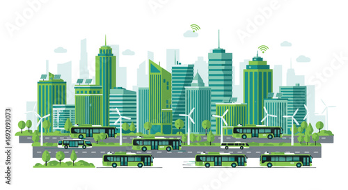 Green Cityscape with Electric Buses Wind Turbines and Solar Panels.