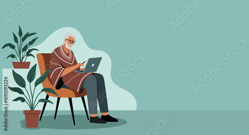 Senior man focused on his laptop with a stylus in a peaceful home setting, symbolizing remote work, digital literacy, and modern retirement.