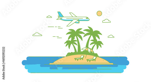 Cartoon Airplane Flying Over Tropical Island with Palm Trees.