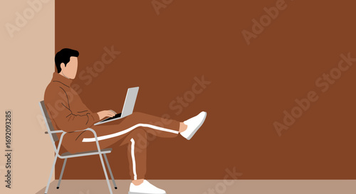 Minimalist illustration of a person working remotely on a laptop in a relaxed home setting. Concept of online work, digital nomad lifestyle, or comfortable learning.
