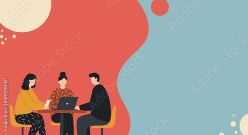 Three diverse colleagues collaborate at a table with a laptop, symbolizing teamwork, discussion, and modern business strategy in a vibrant, abstract setting.