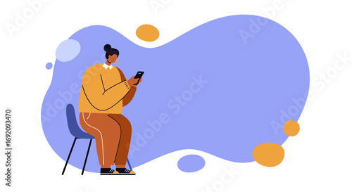 Modern illustration of a person seated, deeply engrossed in their smartphone. Represents connectivity, digital communication, social media, and online interaction with ample copy space.