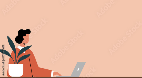 Focused person working remotely on a laptop at a minimalist desk with a plant. Ideal for concepts of productivity, digital work, and modern business lifestyle.