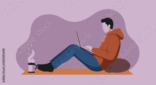 Man working or studying remotely on a laptop in a relaxed home setting with a hot beverage. Illustrates flexible work, productivity, and modern lifestyle.