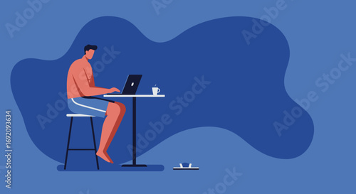 Man in swim shorts working on a laptop at a table, enjoying remote work or a digital nomad lifestyle from a relaxed, casual location. Perfect for concepts of flexible work and vacation productivity.