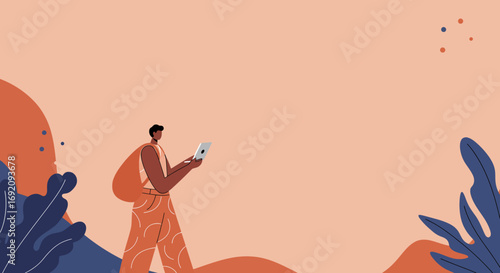 Illustration of a person using a tablet and stylus in an abstract natural setting. Represents digital creativity, learning, remote work, or exploration.