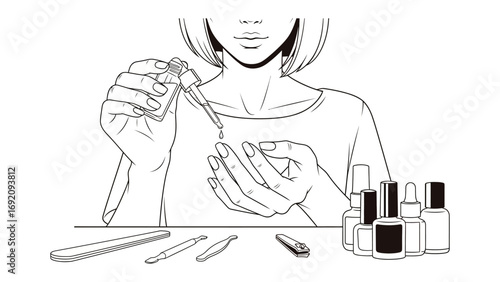 Close up black and white sketch of a woman applying nail polish with a brush to her fingernail surrounded by manicure tools and bottles