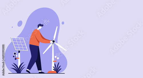Man managing wind turbine and solar panel, symbolizing renewable energy, sustainability, and green technology solutions for a cleaner future.