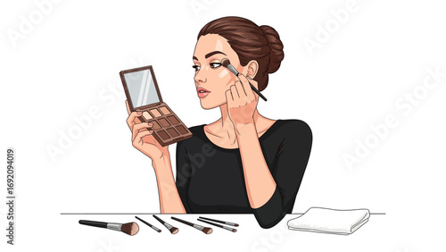 Young woman applying eyeshadow with a makeup brush while looking in a compact mirror focused on beauty routine