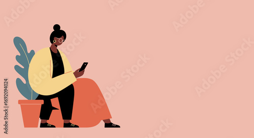 A stylish illustration showcases a woman with dark skin, absorbed in her smartphone, seated near a plant against a soft, peach-colored backdrop, perfect for web design and marketing campaigns.