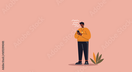 An illustration of a person holding a smartphone, actively communicating or thinking with wavy lines above their head. Ideal for technology, business, and lifestyle concepts.
