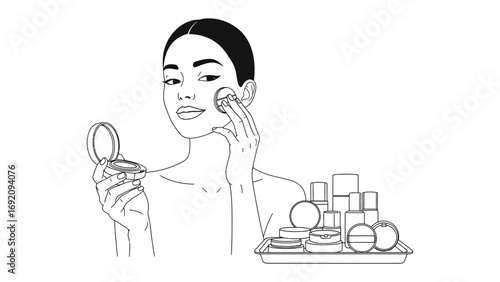 Elegant woman applying foundation with a puff holding a compact mirror surrounded by various makeup products on a tray artistic sketch style