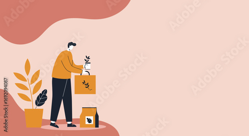 A person handles a small potted plant and a reusable bag, representing sustainable living, home gardening, and eco-friendly shopping concepts.