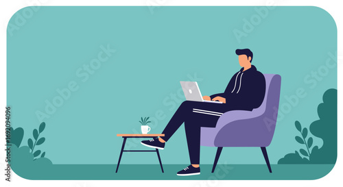 Young man working comfortably from home on his laptop, sitting in an armchair with a cup of coffee. Ideal for remote work, freelance, and online business concepts.
