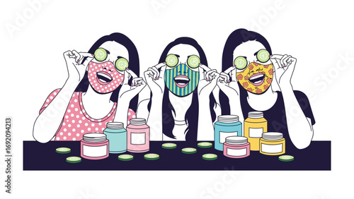 Three diverse young women enjoying a fun spa day at home applying face masks and cucumber slices to their eyes