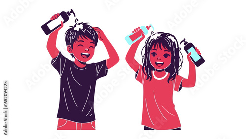 Two happy diverse children with dark hair and smiling faces pouring shampoo on their heads during bath time fun and playful moments