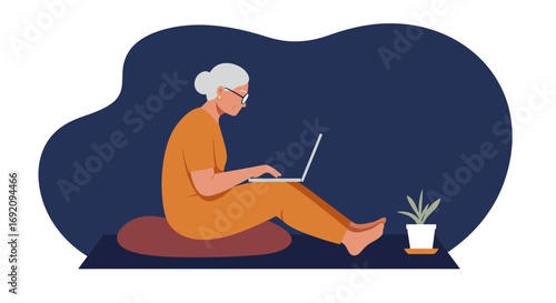 Elderly woman comfortably using a laptop at home, embracing technology for communication, learning, or remote work. Represents active senior lifestyle and digital connectivity.