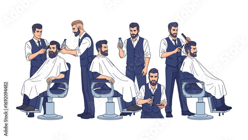 A diverse group of stylish barbers in classic vests and aprons meticulously grooming clients in vintage barber chairs with white capes