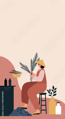 Person in a conical hat meticulously preparing natural leaves for traditional craft or a botanical process. Highlights natural living, sustainable practices, and cultural work.